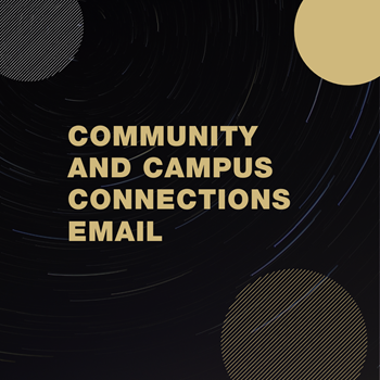 黑色的盒子，部分金色和银色的圆圈，上面写着社区和校园联系电子邮件