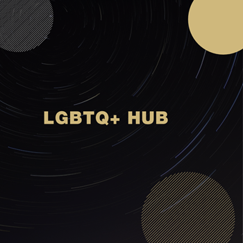 黑盒子上有部分银色和金色的圆圈，上面写着LGBTQ+ Hub