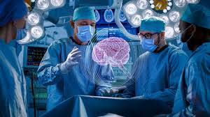 外科医生看着大脑全息图